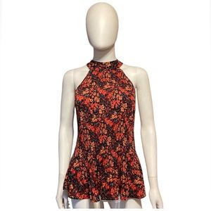 Pleione Dark Floral Micro Pleated Sleeveless Peplum Top NWT
